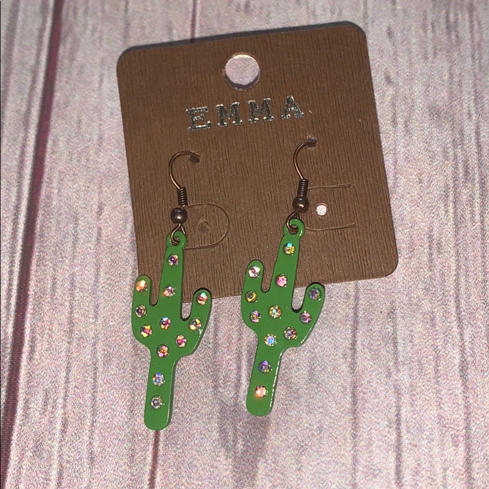 Cactus rhinestone fish hook dangle earrings